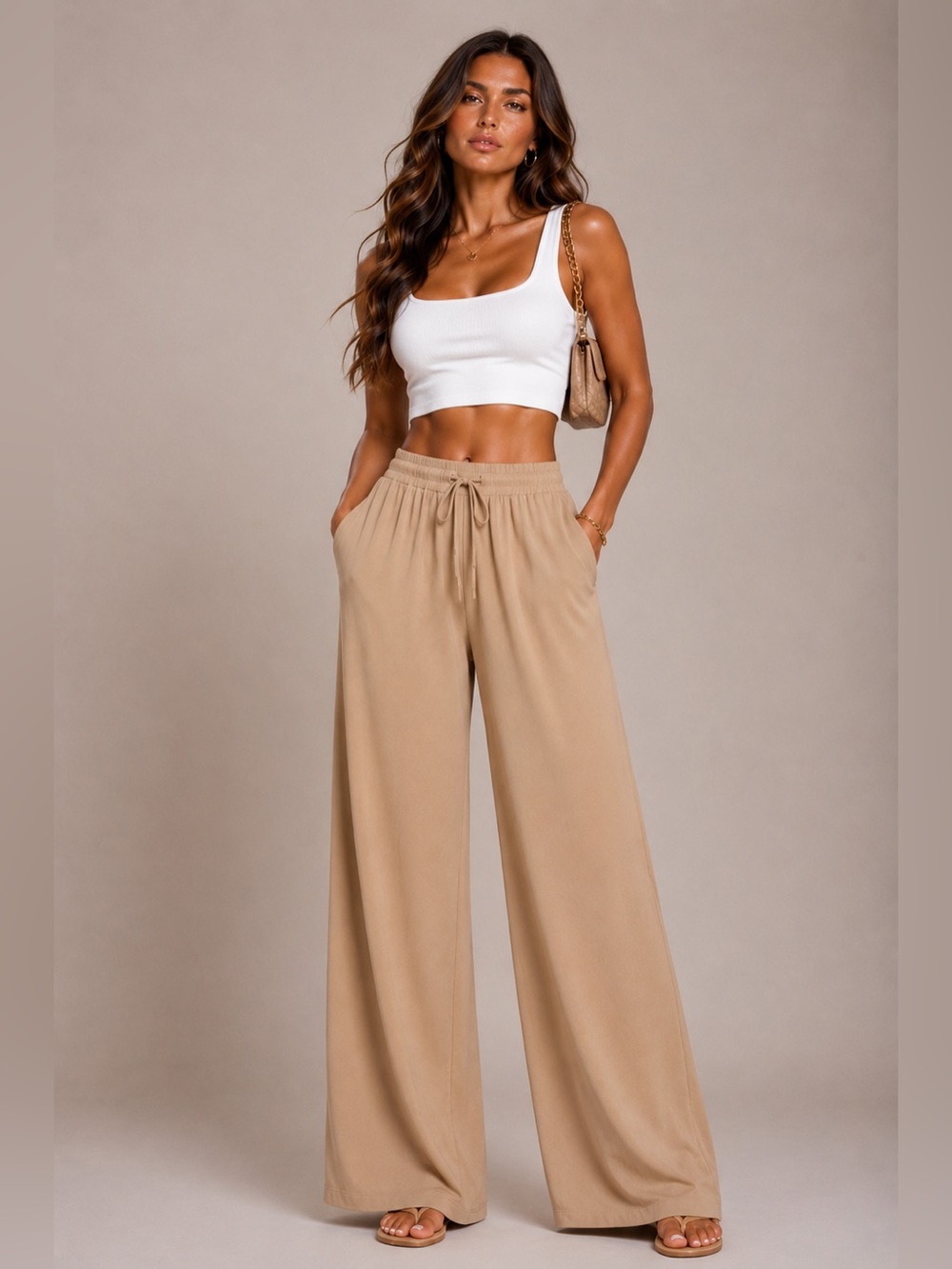 NWT Wide-Leg Drawstring Pants - Taupe